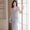 High-end Evening Dress Women's 1011 New High-end Silver Sequins Tassel Host Fishtail Engagement Dress Light Luxury