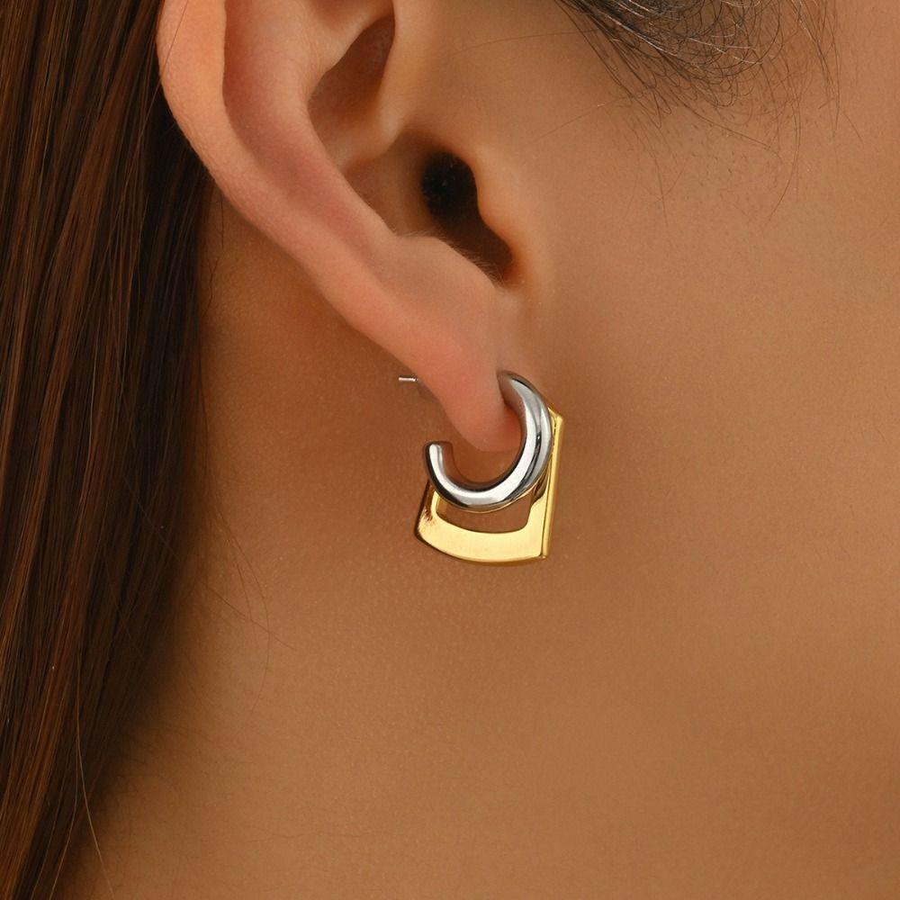 Two-tone Design Double Layer Earrings Mix Color Geometric Earrings No Piercing Earring  Retro Style