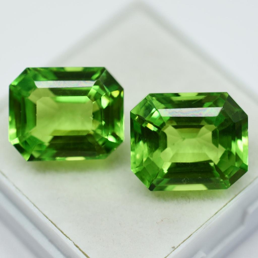 CERTIFIED 16.12 Ct Natural Peridot Emerald Cut Loose Gemstone PAIR For Jewelry