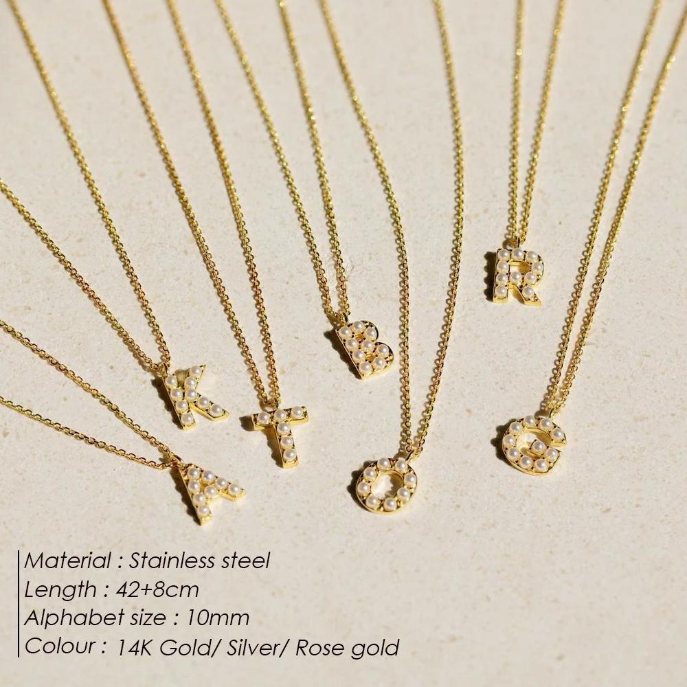 eManco DIY Imitation Pearl Letter Pendant Stainless Steel Cuban Chain Necklace Women's Gold Plated Accessories 48 Hour Shipping