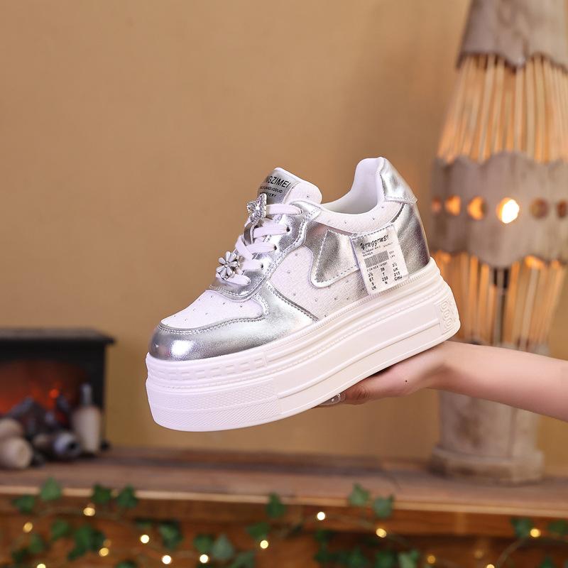 Thick-soled 2025 spring and autumn heightening white shoes super high women's shoes lace-up new round head fashion thin casual versatile