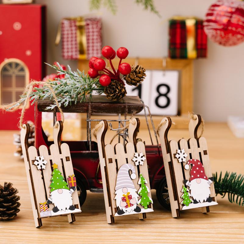 Christmas Tree Hanging Decor Wooden Christmas Sleigh Ornament Wood Gnomes Pendant Home Office Party Diy Christmas Decoration
