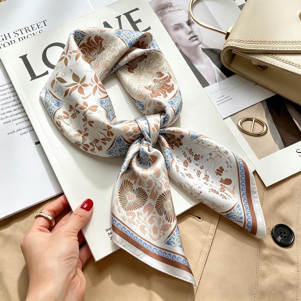 Commuter elegant flower silk scarf women's contrasting color retro printing satin scarf shirt with multi-purpose decorative small scarf