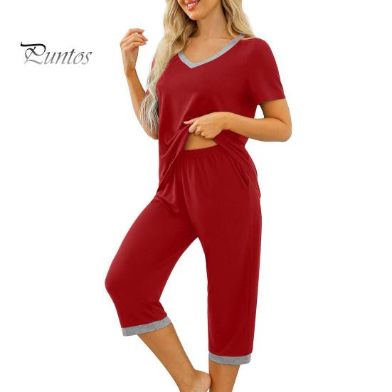 T-shirt Pants Set 2 Pcs/Set Pajamas V Neck Contrast Color Short Sleeve Women Sleepwear Loose Homewear Elastic Waist Cropped Summer Night Clothes