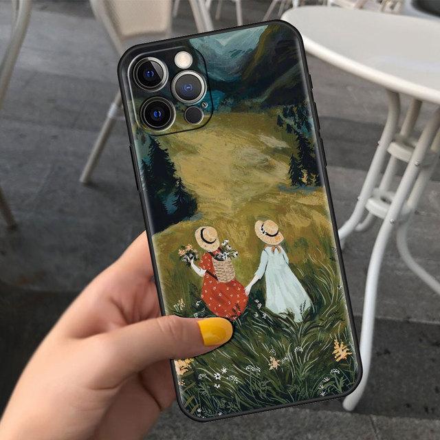 Etui na telefon komórkowy dla Apple Iphone 13 12 11 Pro 7 8 Plus Czarne Cubierta X Xr 6 6s 5 5s Luksusowe Etui na telefon komórkowy Kreskówkowy Krajobraz Dziewczyna