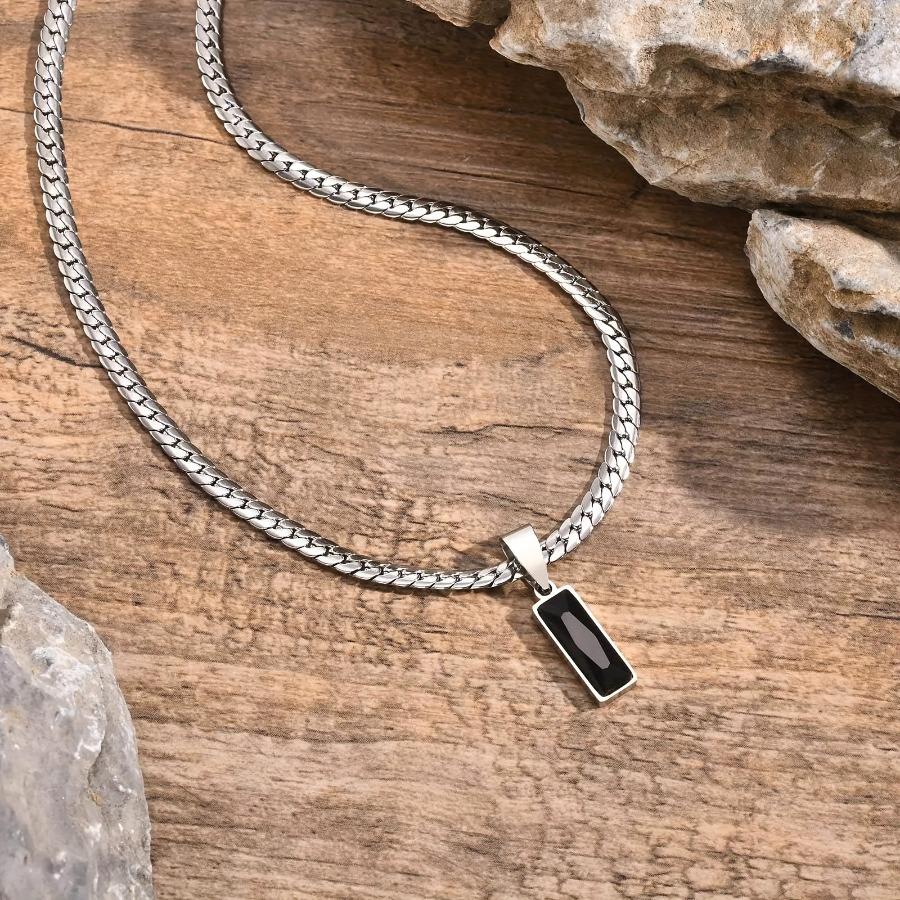 1pc Men's Adjustable Stainless Steel Necklace with Black Synthetic Cubic Zirconiaia Pendant - -Free August Birthstone Suitable for Casual Wear