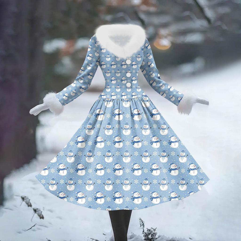 Dámské ležérní šaty s dlouhým rukávem, V-výstřihem, patchworkové fleecové šaty s vánočním potiskem