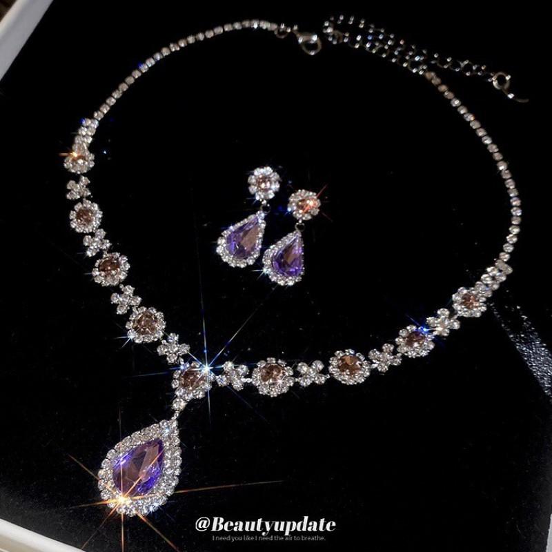 Waterdrop Zircon Inlaid Earrings Necklace Set Luxury Style Fashion Jewelry Women