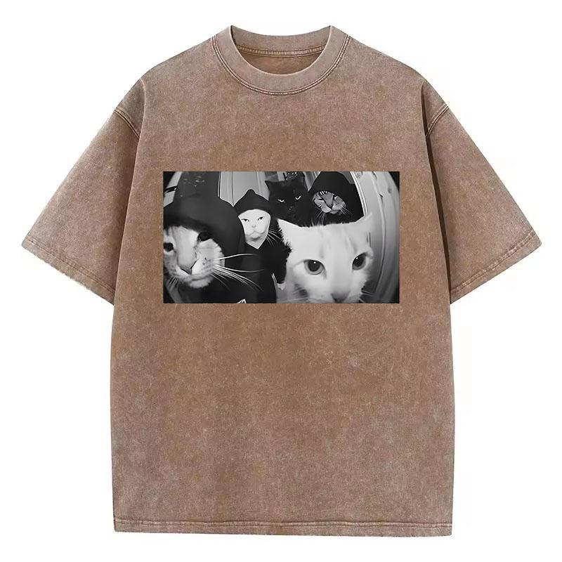 Trendy T Shirt Vintage Washed Cotton T-Shirt Streetwear Smoking Cat Graphic Tee Casual Streetwear Spring Summer