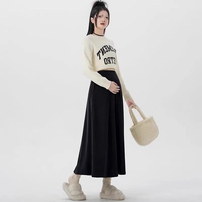 

Maternity A-line Pleated Skirt - Spring/Autumn, Hip-covering Long Skirt for Pregnancy One Size [80-110 lbs] чёрный