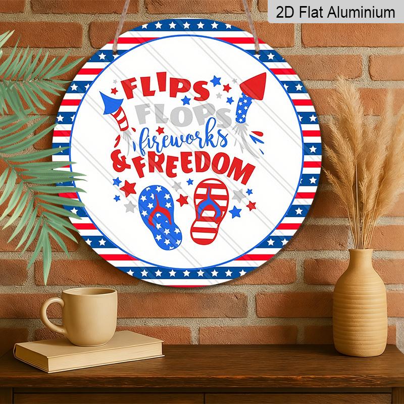 2D Flat, 1pc Patriotic 4th of July Metal Decorative Plaque, Red White Blue Flip Flops Fireworks USA Flag Design, Durable Indoor Outdoor Sign, Perfect