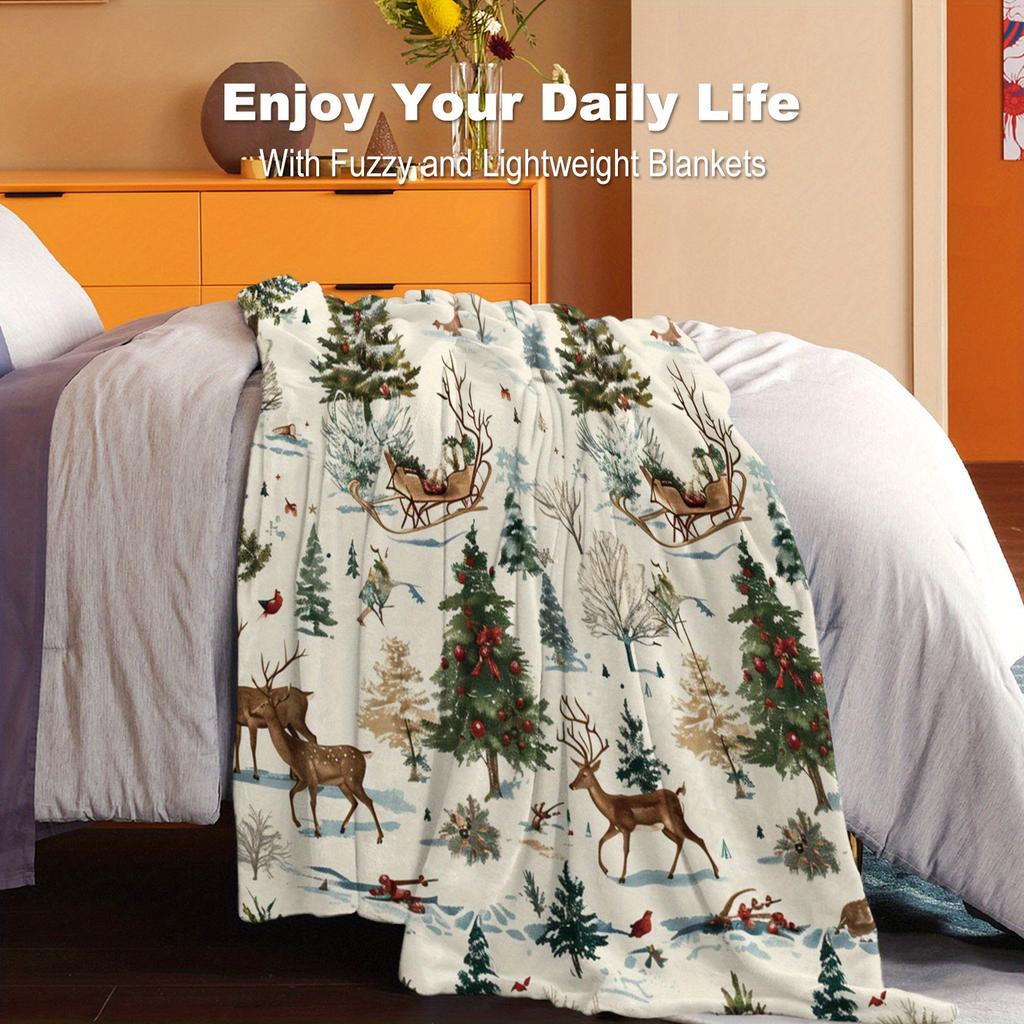 1pc Christmas Flannel Throw Blanket, Soft Polyester, Contemporary Style, Digital Print, All-Season, Machine Washable, 200-250g