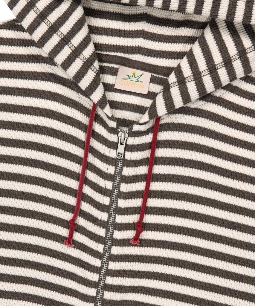 Sunlovetour [Home Alone] Striped Waffle Zip Up Hoodie Brown