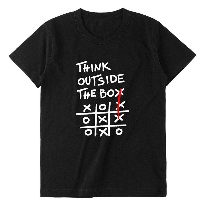 THINK OUTSIDE THE BOX Retro Funny English Printed T-shirt Unisex Loose Niche Symbol Pure Cotton Y2K Harajuku Tee S