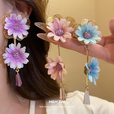 Holiday Wind Steel Needle Fabric Flower Pendant Earrings Mori Sweet Small Fresh Stud Earrings Niche High-end Earrings Women