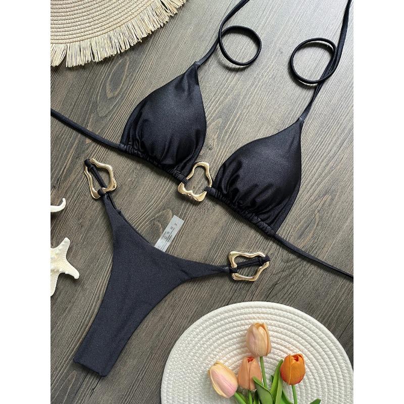 Sexy Solid Color Halter Lace-up Low Waist Bikini Set Women's Two Pieces Triangle Thong Swimsuit Bathing Suit Brazilian Biquinis