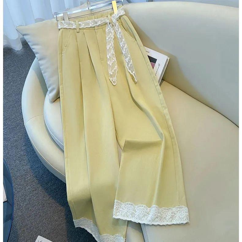 Women's Summer Wide-Leg Pants with Lace Belt & Floral Trim for Pear-Shaped Figures