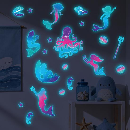 Under The Sea Glow In The Dark Wall Decals, Mermaids Seahorse Shells Luminous Sticker for Girls Room, Nursery, Bathroom, Ceiling, Wall Decor