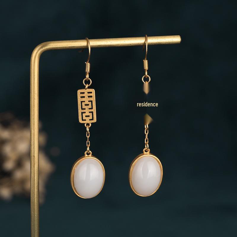 Double Happiness White Jade Earrings - Palace Design for a Slimming Round Face Look