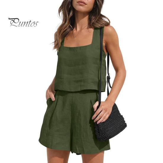 2 Pcs/Set Women Tank Top Shorts Set Square Neck Sleeveless Loose Top High Waist A-line Trousers Casual Daily Wear Vest Pants Set