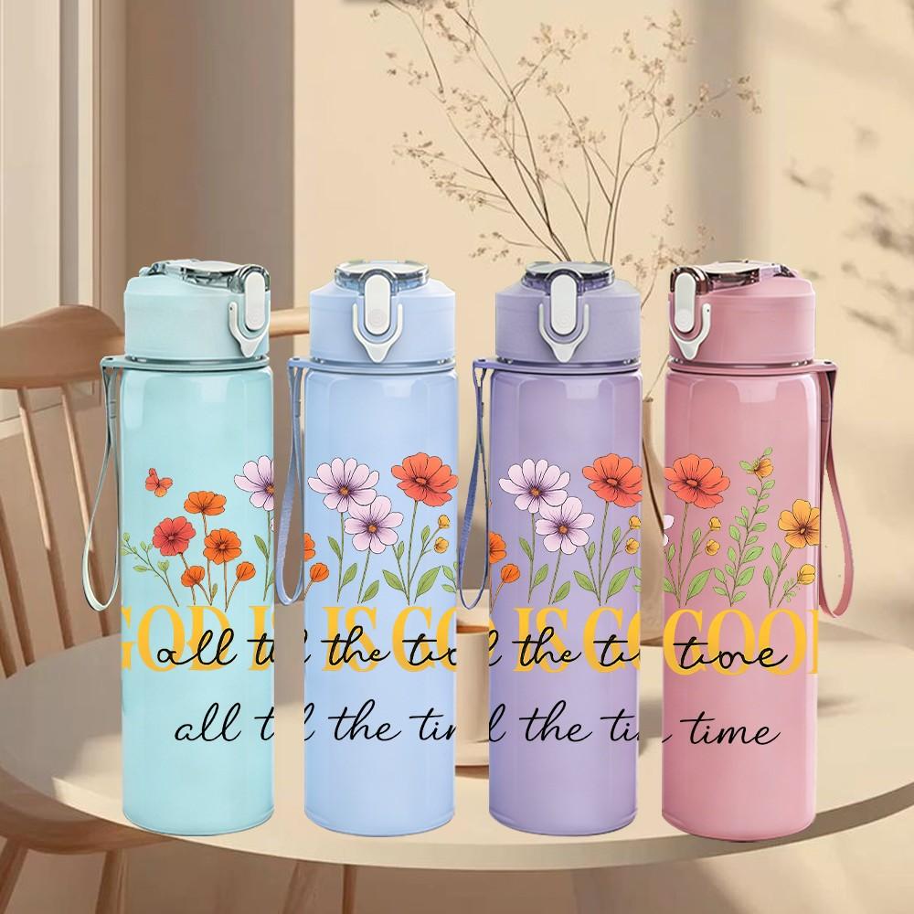 1PC God Is Good All The Time Floral Letter 750ml Color Plastic Sports Water Bottle Leakproof Flip Straw Lid Suitable for Sports Office Home Use