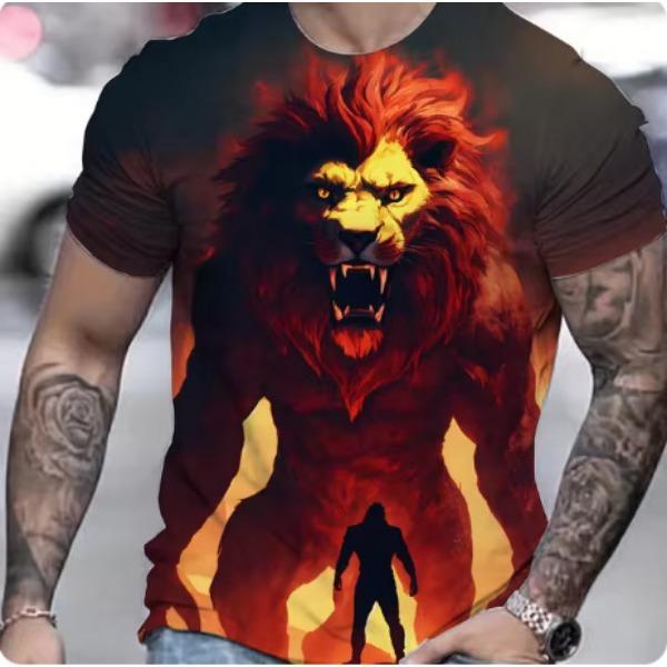Summer Casual Men's Clothing Oversized Loose Lion Pattern Printed Short Sleeved Round Neck Fitness T-shirts