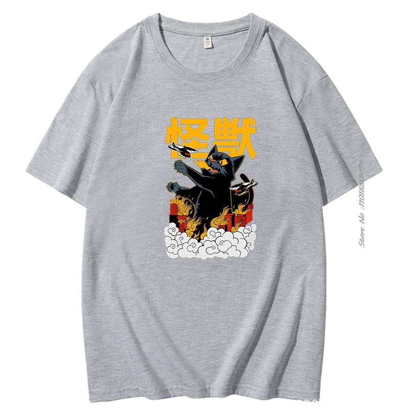 Funny Catzilla Japan Cat Lover T Shirt For Men Cotton Short Sleeve Tshirt Summer Hombre Oversized Tee Shirt Mens Clothes