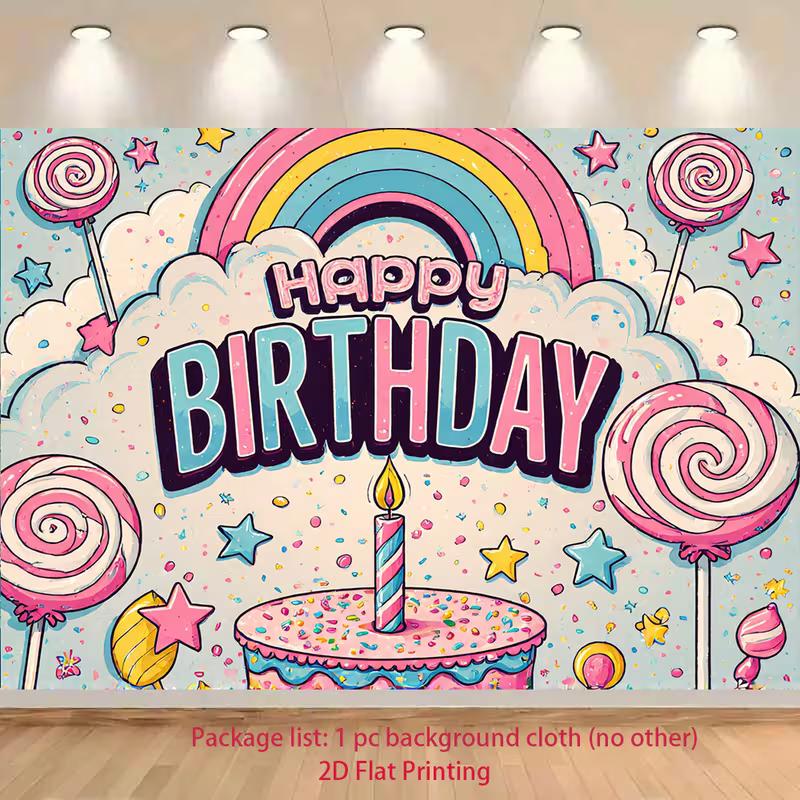 

2D Sweet Candy Happy Birthday Backdrop Colorful Rainbow & Lollipop Background Banner for Party Events 47.2x31.5inch/120*80cm