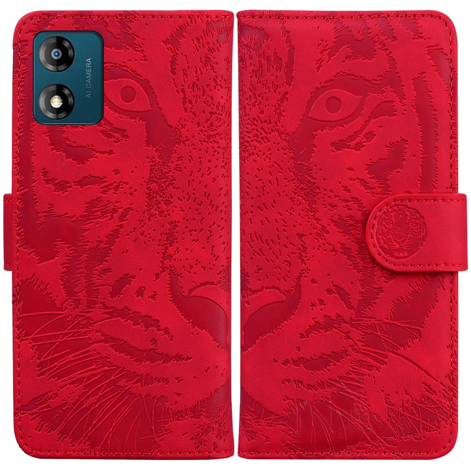 

For Motorola Moto E13 4G Phone Case Tiger Imprinted PU Leather Cover Wallet Stand Protective Case Red