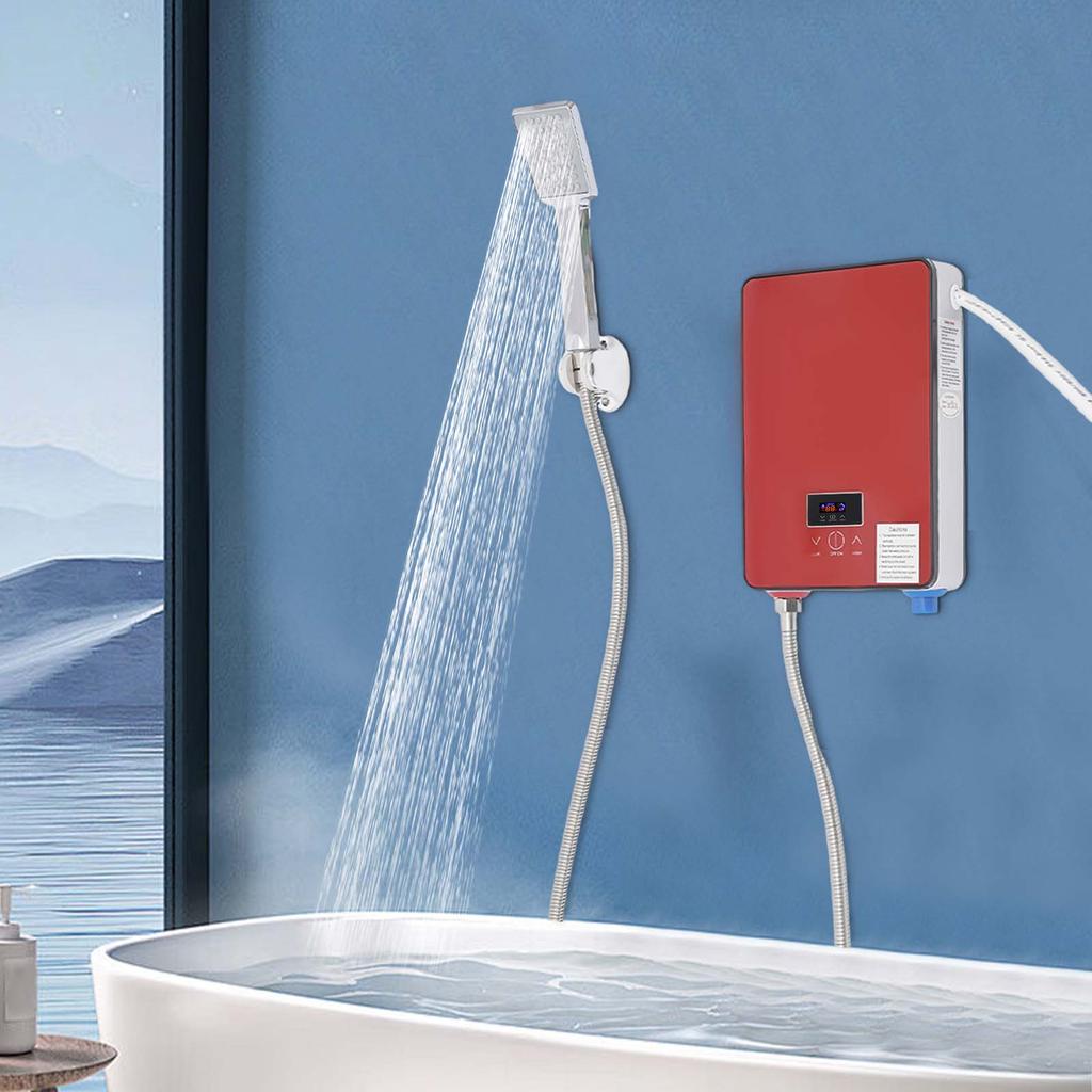 6500W Tempered Glass Tankless Water Heater,220V Red Rectangular Electric Water Heater Wall-mounted for Kitchens,Bathrooms