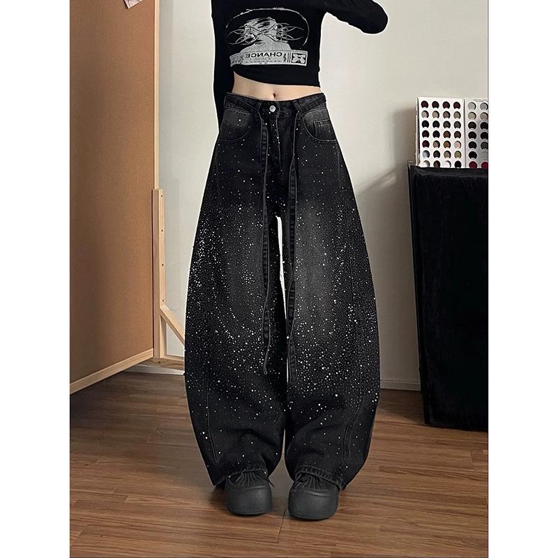 

Women s Rhinestone Bling Wide-Leg Floor-Length Jeans (Autumn/Winter 2025) Large чёрный