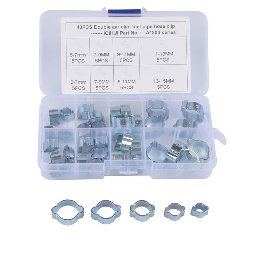 40PCS Double Ear Hose Clips Water Fuel Air Clamps for 5-15MM Zinc Plated Assortment Box With Clamp Pliers