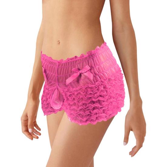 Men Sexy High Waist Underwear Mesh Lace Shorts Panties with Bowknot Decor Solid