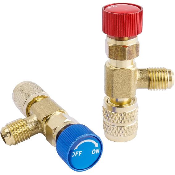 Wolfride 2Pcs Refrigerant Charging Valve Set, Brass Low Loss HVAC Fittings, 1/4" & 5/16" Safety Adapter Flow Control Ball Valve for R22 R410 Air