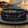 Matte Black Cubic Zirconia Ball & UFO Pendant Braided Bracelet Set