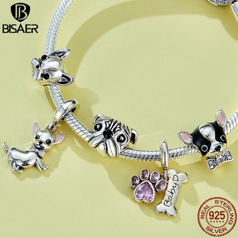 BISAER Plata 925 Encanto Lindo Perro Cuentas Perro Salchicha Mascota Animal Colgante Chapado en Platino Apto Mujeres Pulsera DIY Joyería Fina