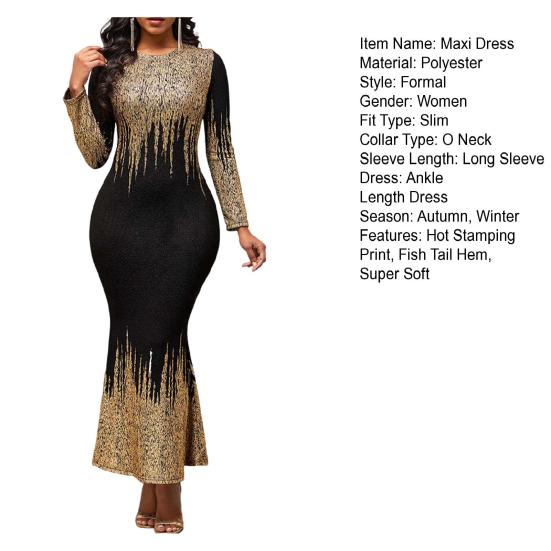 Autumn Winter Women Bodycon Dress Hot Stamping Print Crew Neck Elegant Slim