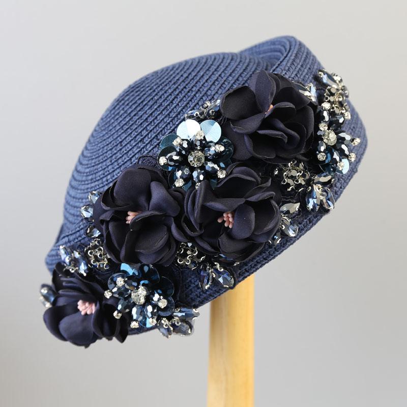 Women French Elegant Berets Fashion Rhinestone Flower Stewardess Hat for Cocktail Party Female Summer Travel Versatile Sun Hats