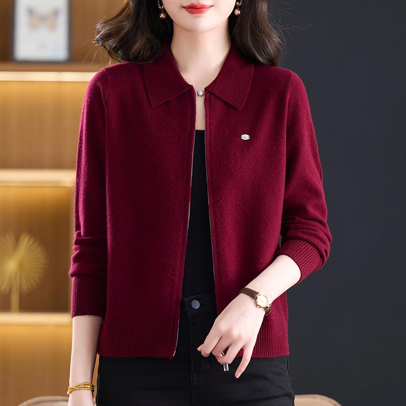 Women's Double Zipper Lapel Knit Cardigan - Spring Loose Fit Age-Reducing Sweater Jacket