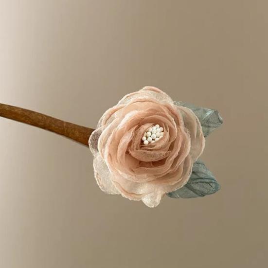 Hair Stick 3D Mesh Yarn Rose Flower Decor Bun Hair Stick Easy to Wear Hair Organizer Clip Hair Styling Accessory