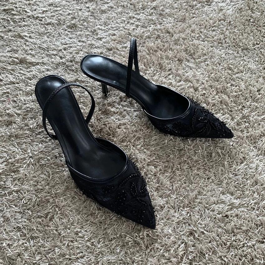 Fashion Mesh Embroidered Thin High Heels Sandals Women 2025 Summer Sexy Slingback Pointed Toe Pumps Dress Shoes Woman Sandalias