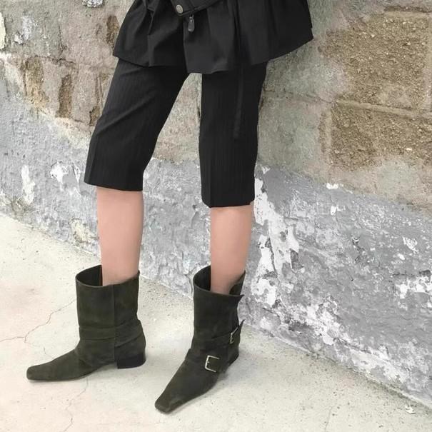 Leather Small Square Head Two Wear Flip-top Western Cowboy Boots Women's Thick Heel Medium Tube Knight Women's Boots Martin Boots