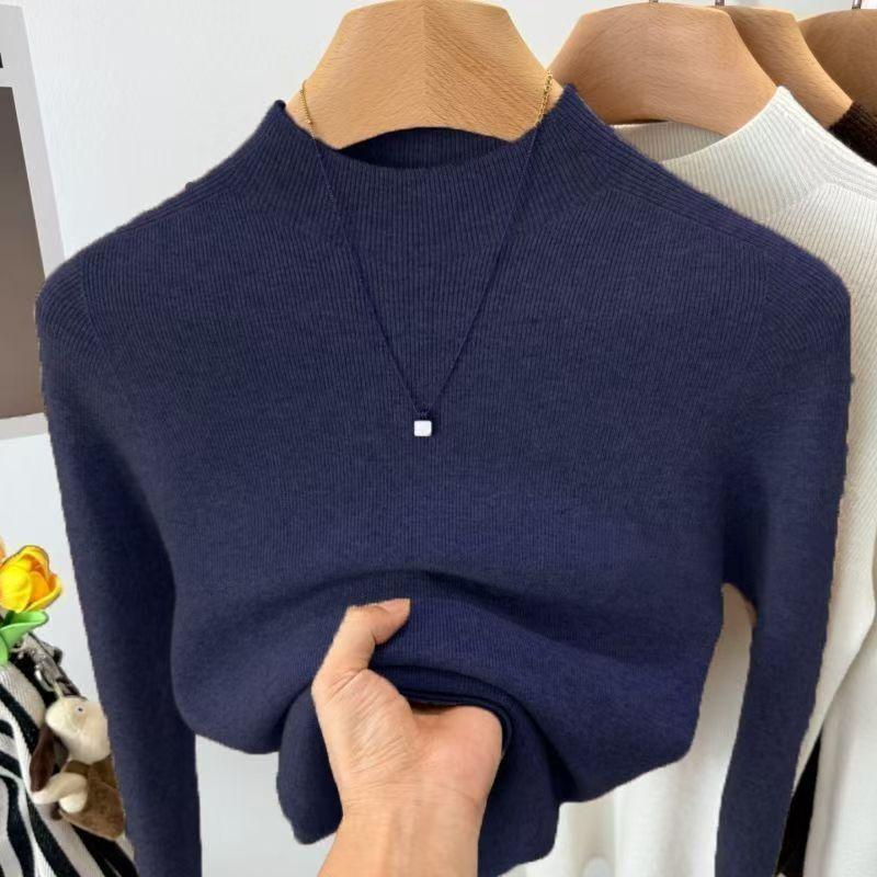 Women's Stand Collar Wool Sweater Autumn and Winter Solid Color Warm Stretch Knit Sweater Slim Fit Stretch Knit Pullover
