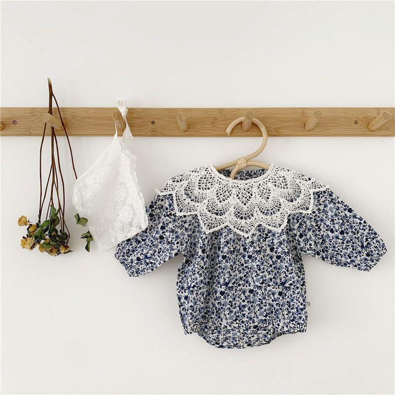 

Spring and Autumn Detachable Lace Collar Infant Toddler Bottom-Covering Rompers Blue Floral Print 73 cm
