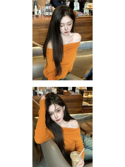 Elegant Tangerine One-Shoulder Knit Sweater - Women's Autumn/Winter Long-Sleeve Top