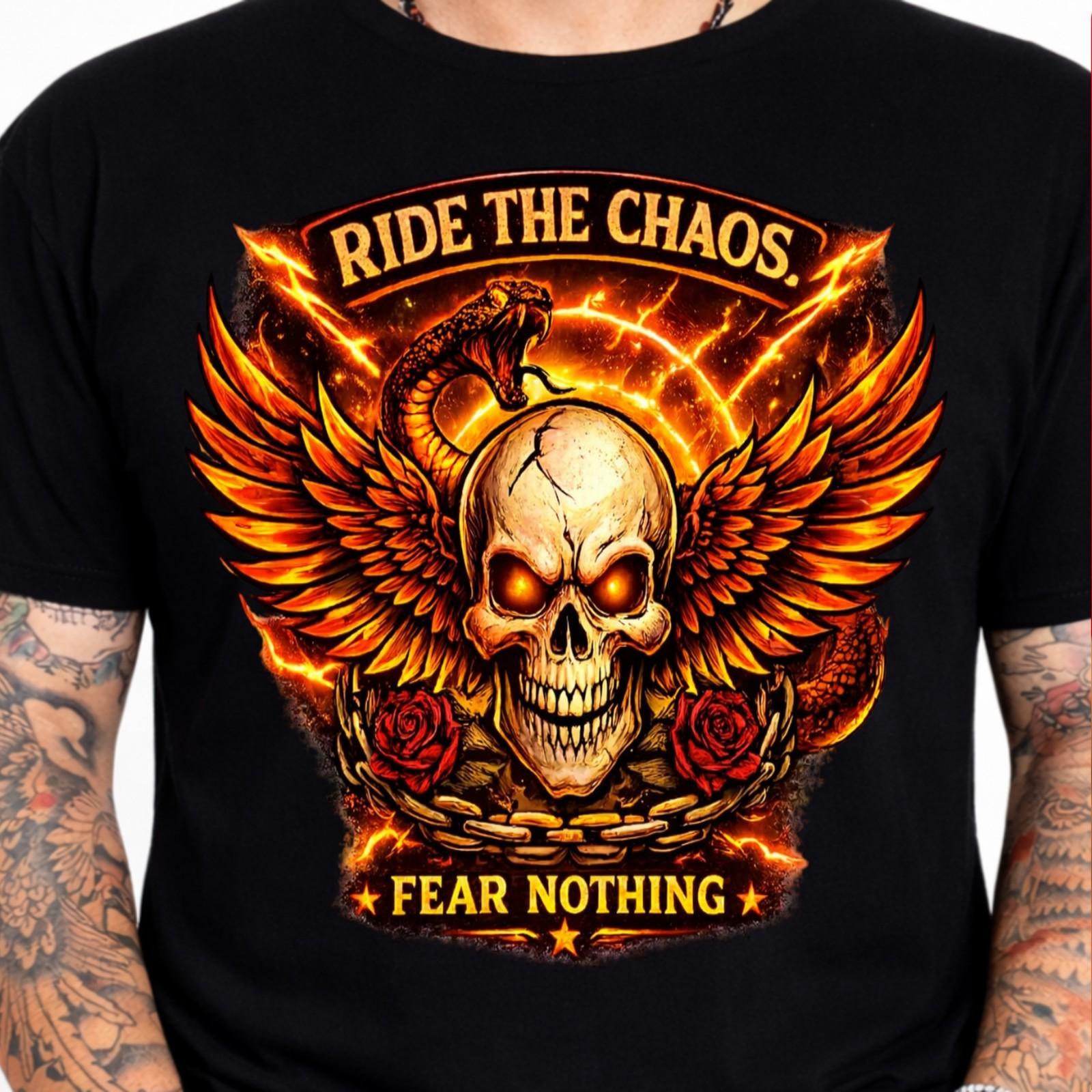 Ride the Chaos Fear Nothing Winged Skull T-Shirt Snake Rose Gothic Graphic Tee. XXL