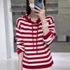 Women's Hooded Striped Knit Pullover Sweater - Loose Fit, Long Sleeve, Autumn/Winter Style.
