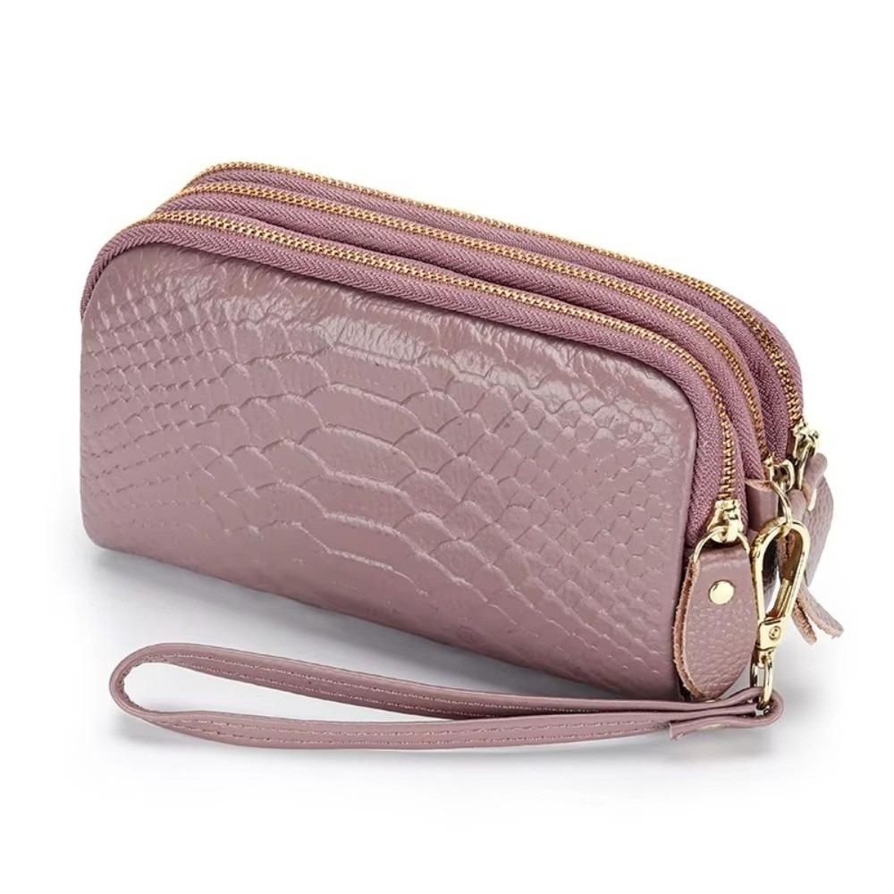 

Solid Color Lady Clutch Crocodile Texture Long Zipper Genuine Leather Wallet Large Capacity 3-Layer Design Phone Bag for Women