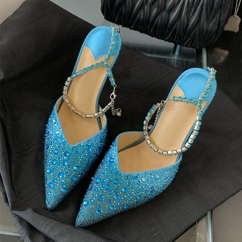 

Модный дизайн Градиентный камуфляж Кристалл Острый носок Тонкий высокий каблук Вечерние туфли для выпускного вечера Ремешок на щиколотке со стразами Женские туфли-лодочки 35 синий