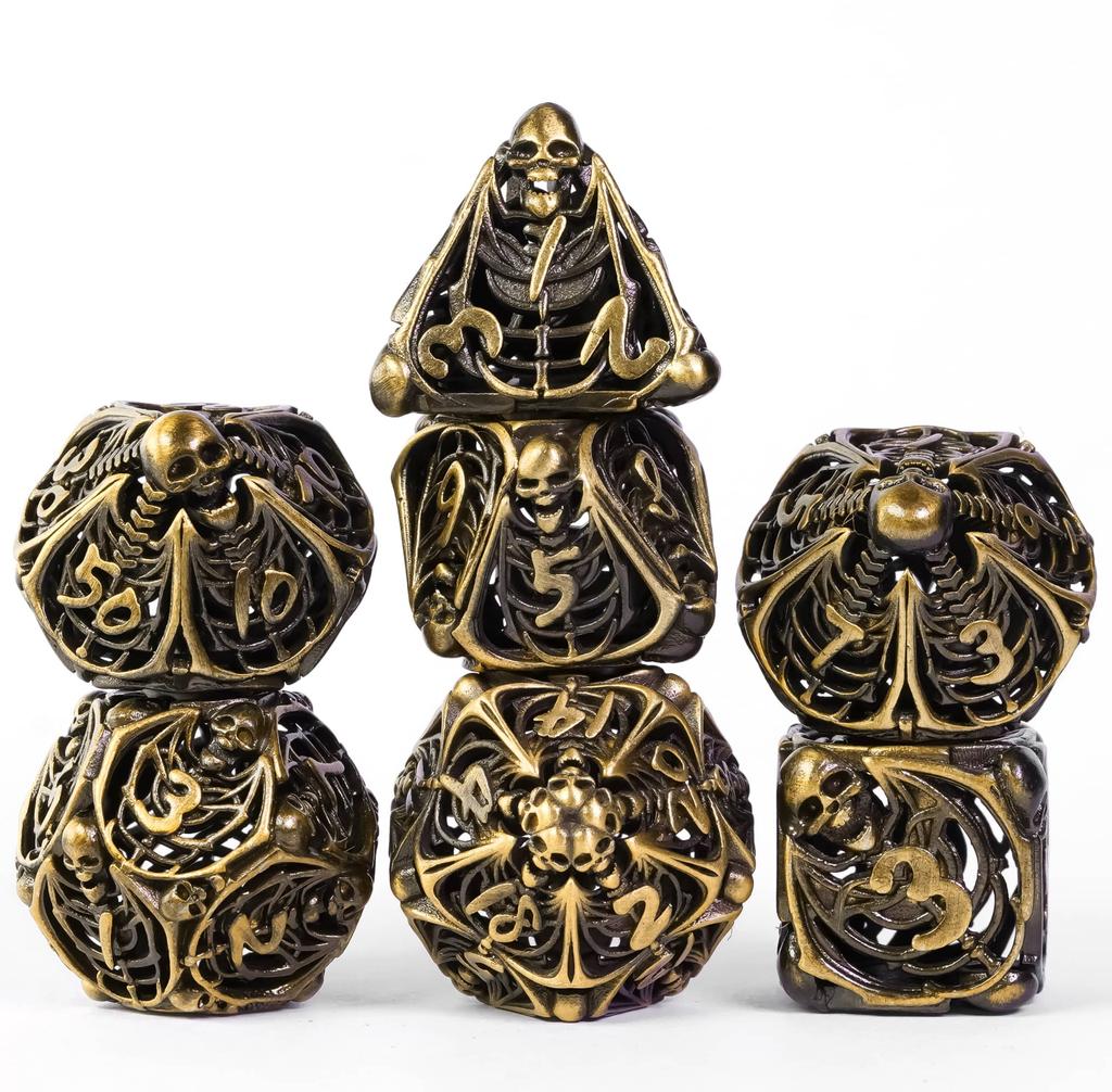 Cusdie Skelett Hohl DND Würfel Metall 7 Stück D4-D20 Polyedrisches Würfelset für Dungeons and Dragons Rollenspiel Pathfinder